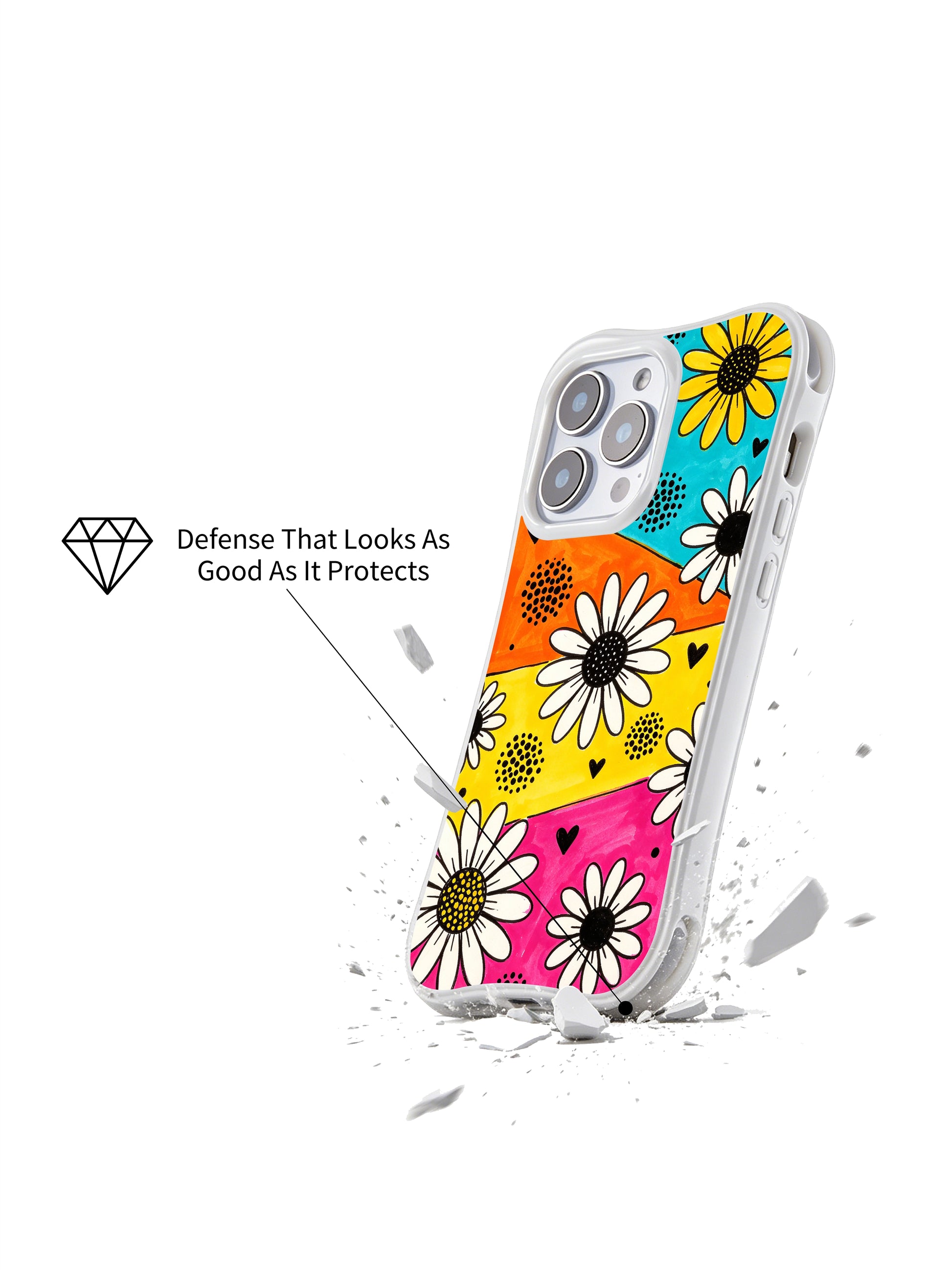 PhoneCasing iPhone 16 pro Case with lively street carnival diagonal color block daisy heart dot graphics blending overflowing vibrant joy and bold black graphic punch, Ruby Daze expressive energetic pop art, California made wavy white phone cover.