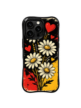PhoneCasing iPhone 16 pro Case with full-bleed high-contrast sunflower punk daisy heart dot grunge layout full of fiery bold attitude charm, Ruby Daze signature collection, MagSafe compatible wavy black protective art casing.
