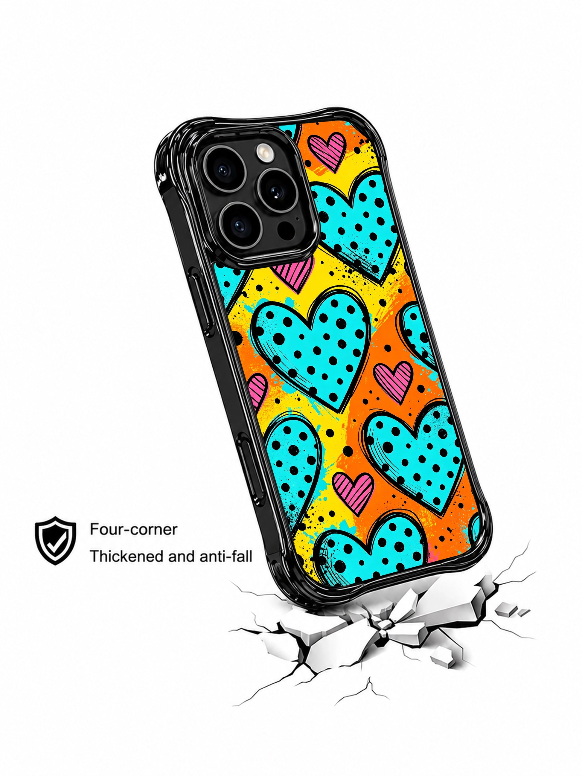 PhoneCasing iPhone 13 Pro Max casing showcasing halftone texture turquoise polka hearts paired with ink splatters, bold color block pop design, cool upbeat daily wear phone case.