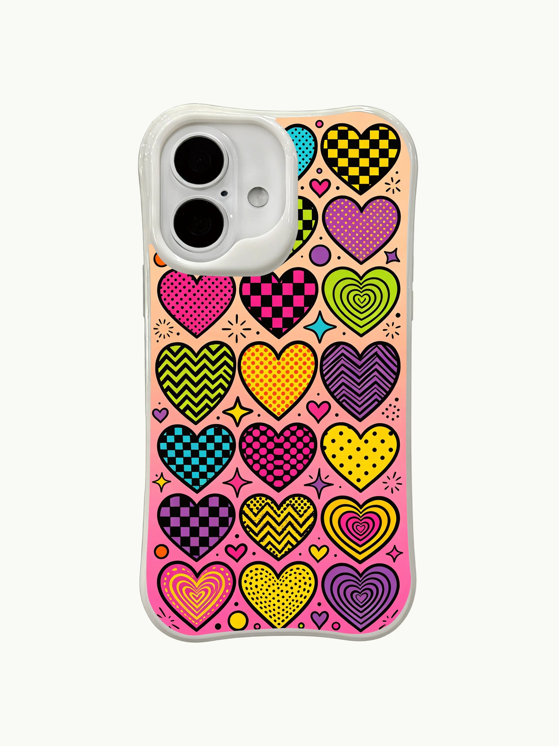 PhoneCasing Retro Heart Doodles Case for iPhone 16 Plus, a playful iPhone 16 plus casing with colorful mosaic hearts and 90s-inspired patterns.