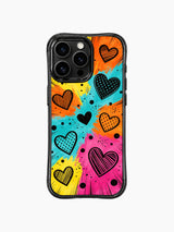 PhoneCasing iPhone 13 Pro Max case authentic 60s pop art comic burst styling, dual fill striped and halftone hearts, multi neon color block panels, retro street pop phone cover casing.