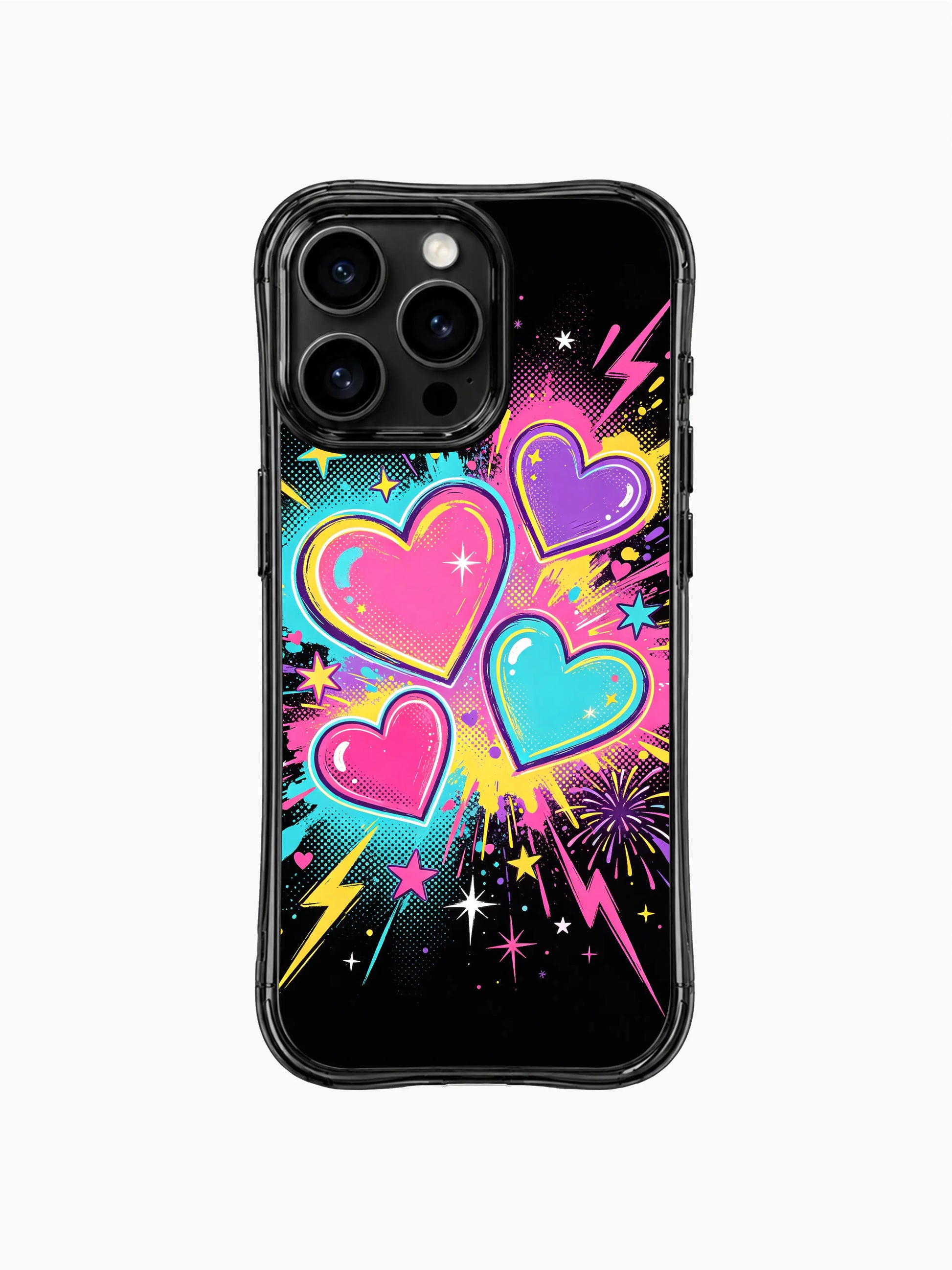 Vibrant PhoneCasing iPhone 13 Pro Max casing for teen girls, repeating pop heart fireworks comic print, neon gradient outlined hearts, halftone grunge retro cartoon night aesthetic