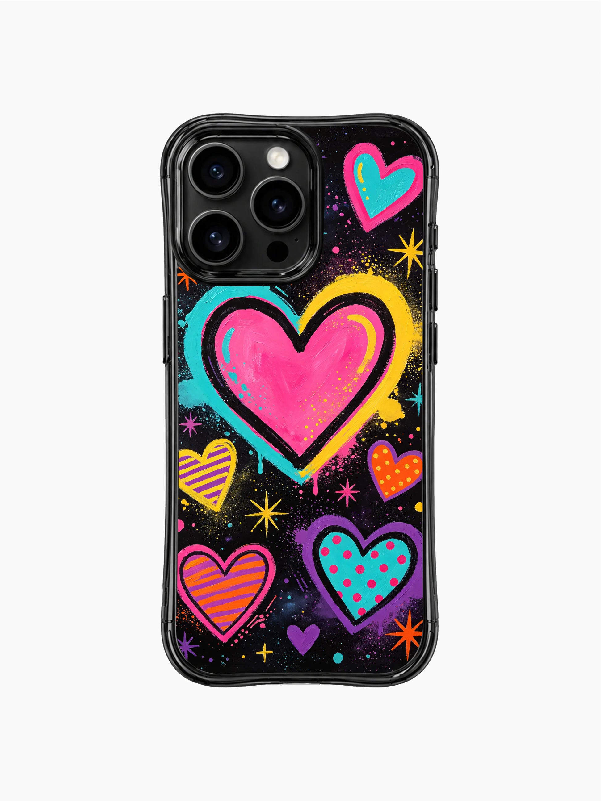 Vibrant PhoneCasing iPhone 13 Pro Max casing for teen girls, repeating Heart Pop Universe retro pop crayon print, hand sketched floating hearts, multi-ton rainbow pop art confetti accents