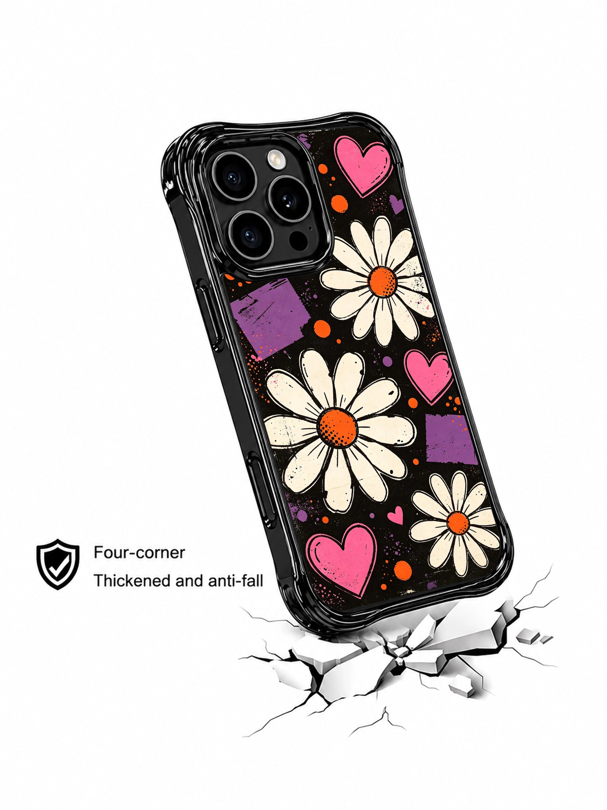 PhoneCasing iPhone 16 pro Case with distressed vintage poster daisy and neon pink heart graphics, Ruby Daze street pop art, California-made wavy phone cover.