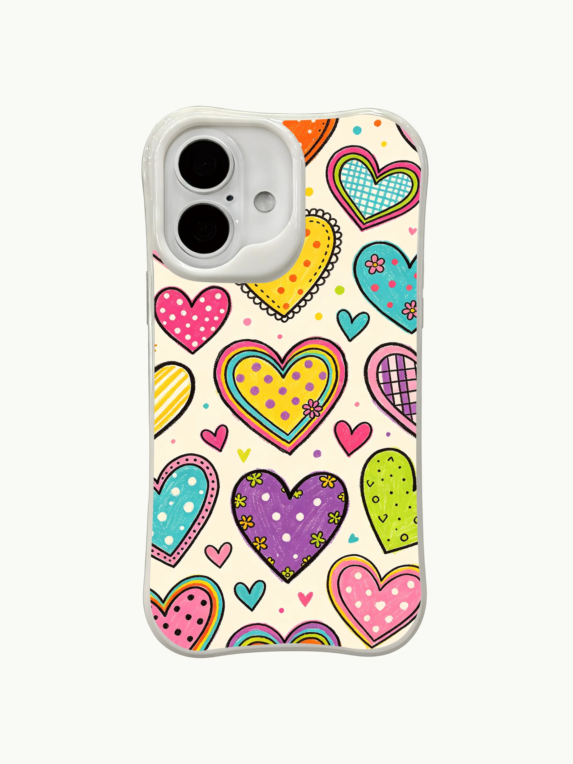 PhoneCasing retro print heart party iPhone 16 plus case, eye-catching mixed pattern art loved by doodle style enthusiasts.