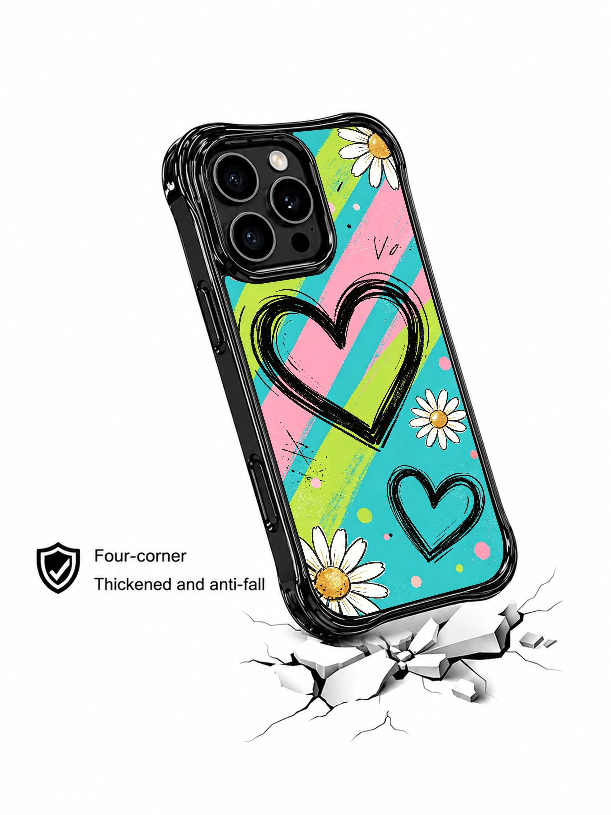 PhoneCasing iPhone 16 pro Case with bold traffic signal diagonal stripe daisy and rough sketch heart graphics, Ruby Daze mixed punk cute pop art, California-made wavy black phone cover.
