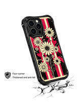 PhoneCasing iPhone 16 pro Case with nostalgic vintage rock grunge striped daisy heart dot graphics balancing soft sweet heart charm and edgy dark retro attitude, Ruby Daze confident romantic pop art, California made wavy black phone cover.