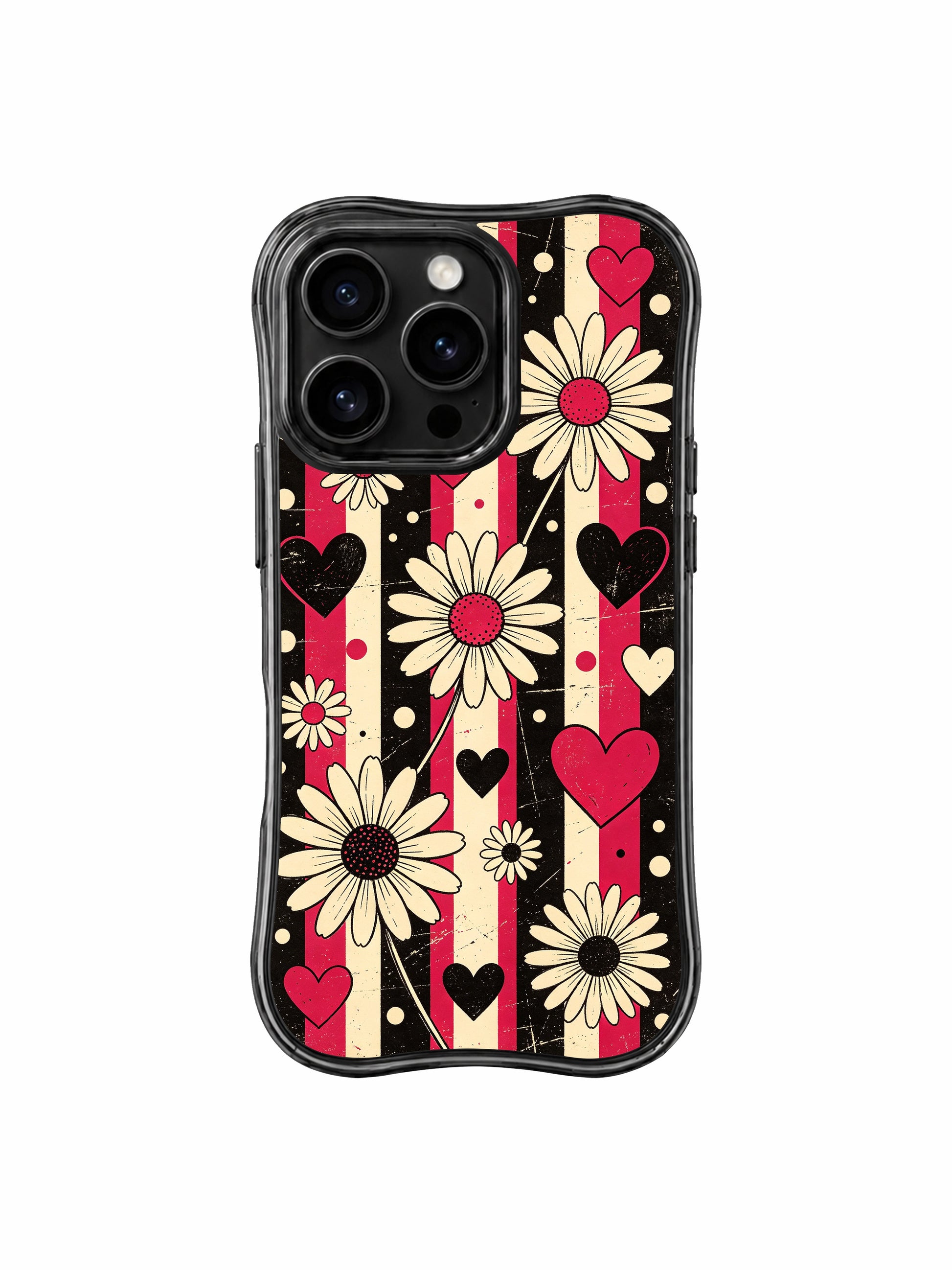 PhoneCasing iPhone 16 pro Case with nostalgic vintage rock grunge striped daisy heart dot graphics balancing soft sweet heart charm and edgy dark retro attitude, Ruby Daze confident romantic pop art, California made wavy black phone cover.