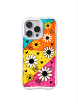 PhoneCasing iPhone 16 pro Case with full-bleed slanted cyan orange yellow pink textured marker color block bold daisy heart dot layout full of overflowing unconfined joyful carnival charm, Ruby Daze signature collection, MagSafe compatible wavy white protective art casing.