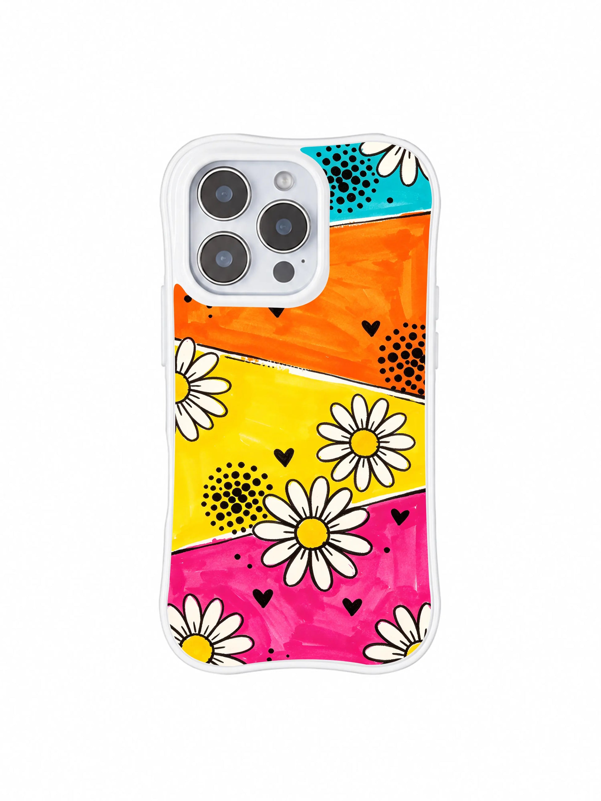 PhoneCasing iPhone 16 pro Case with full-bleed slanted cyan orange yellow pink textured marker color block bold daisy heart dot layout full of overflowing unconfined joyful carnival charm, Ruby Daze signature collection, MagSafe compatible wavy white protective art casing.