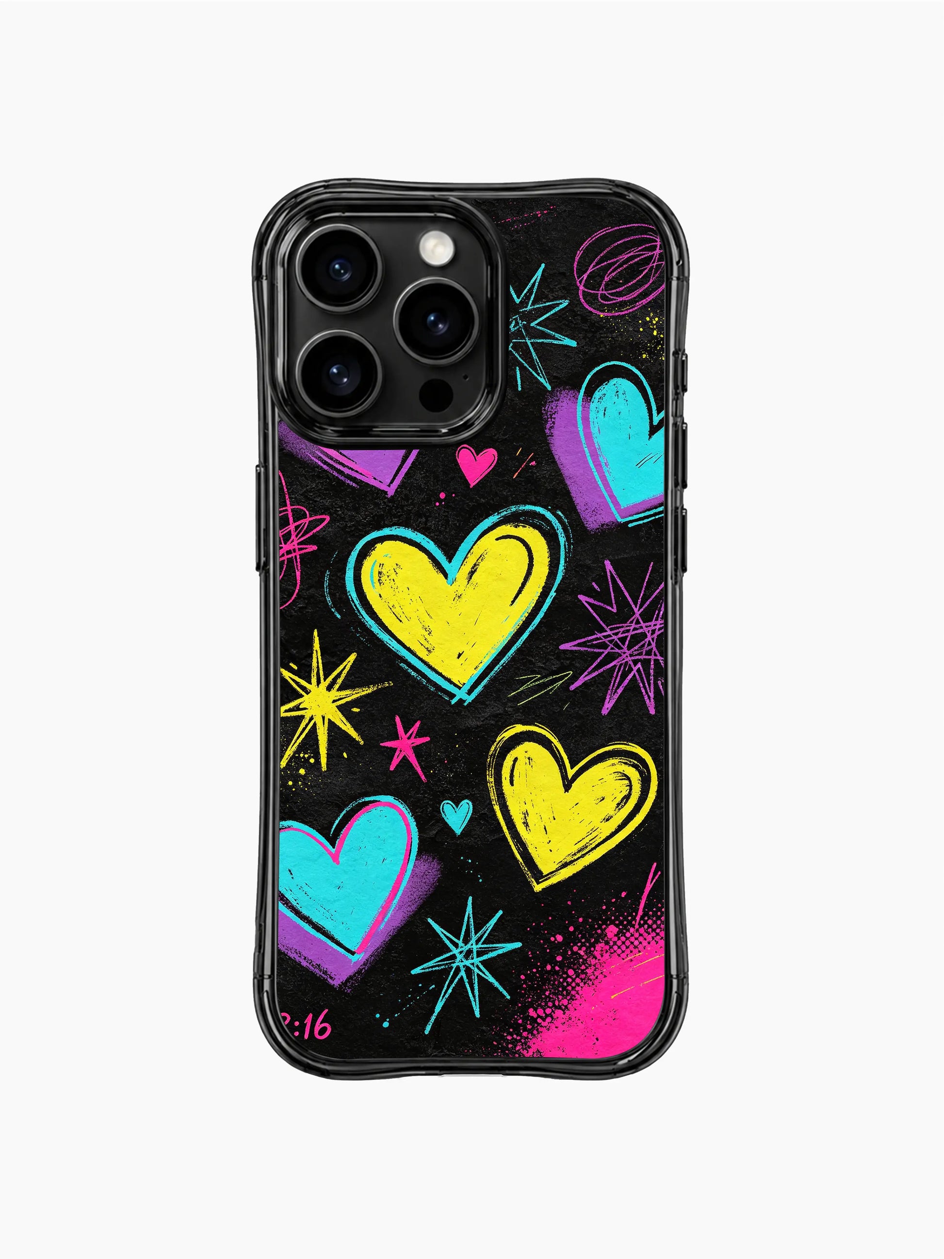 Playful loose hand-drawn PhoneCasing iPhone 13 Pro Max cover, outline layered hearts with thick sketch strokes, messy scribble lines and pink spray paint noise grain details