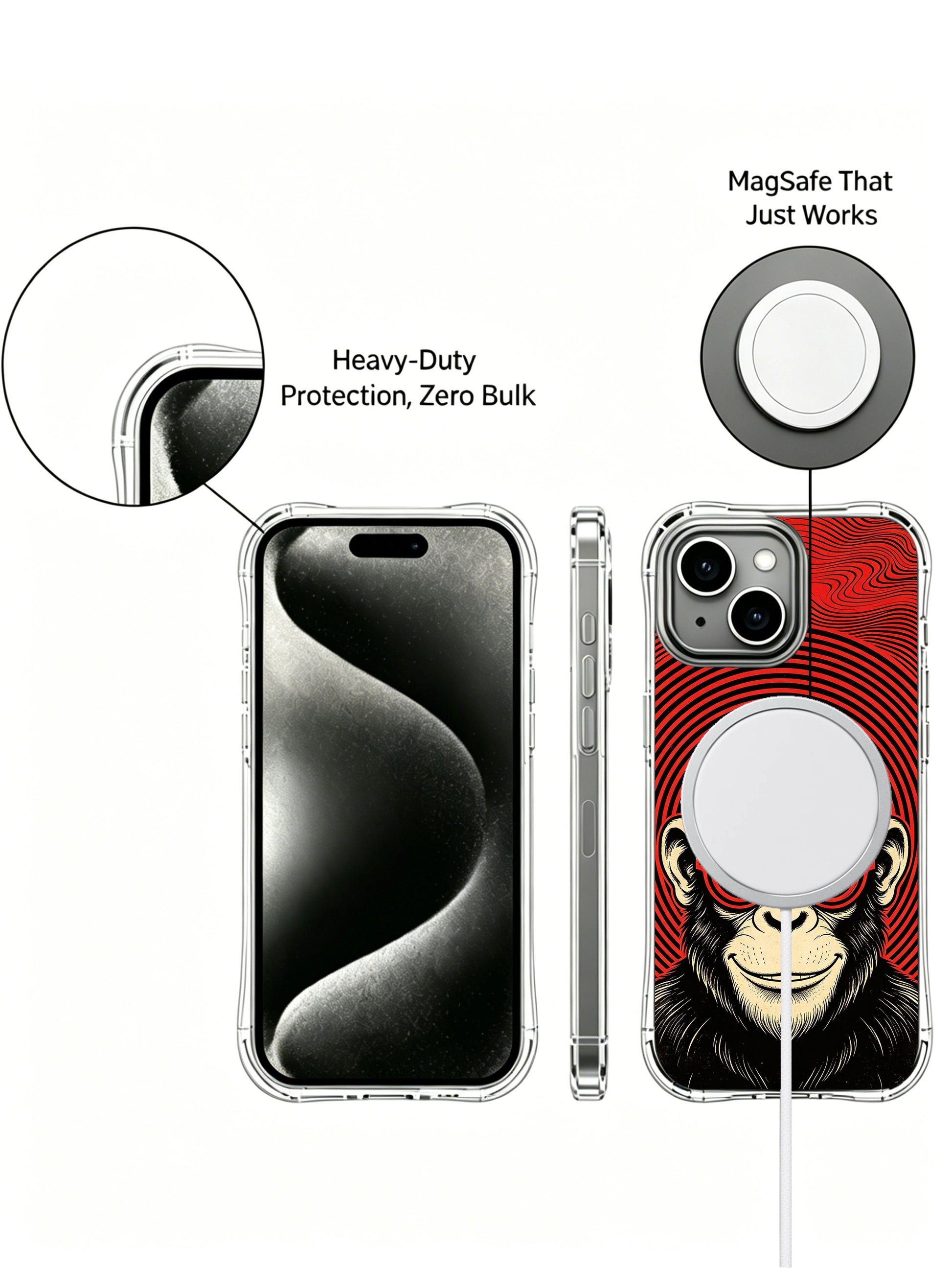 Retro surreal cheeky prankster chimp fine art with crimson red spiral round glasses on PhoneCasing iPhone 13 Case, limited artist collab casing picked as thoughtful anniversary luxury art present.