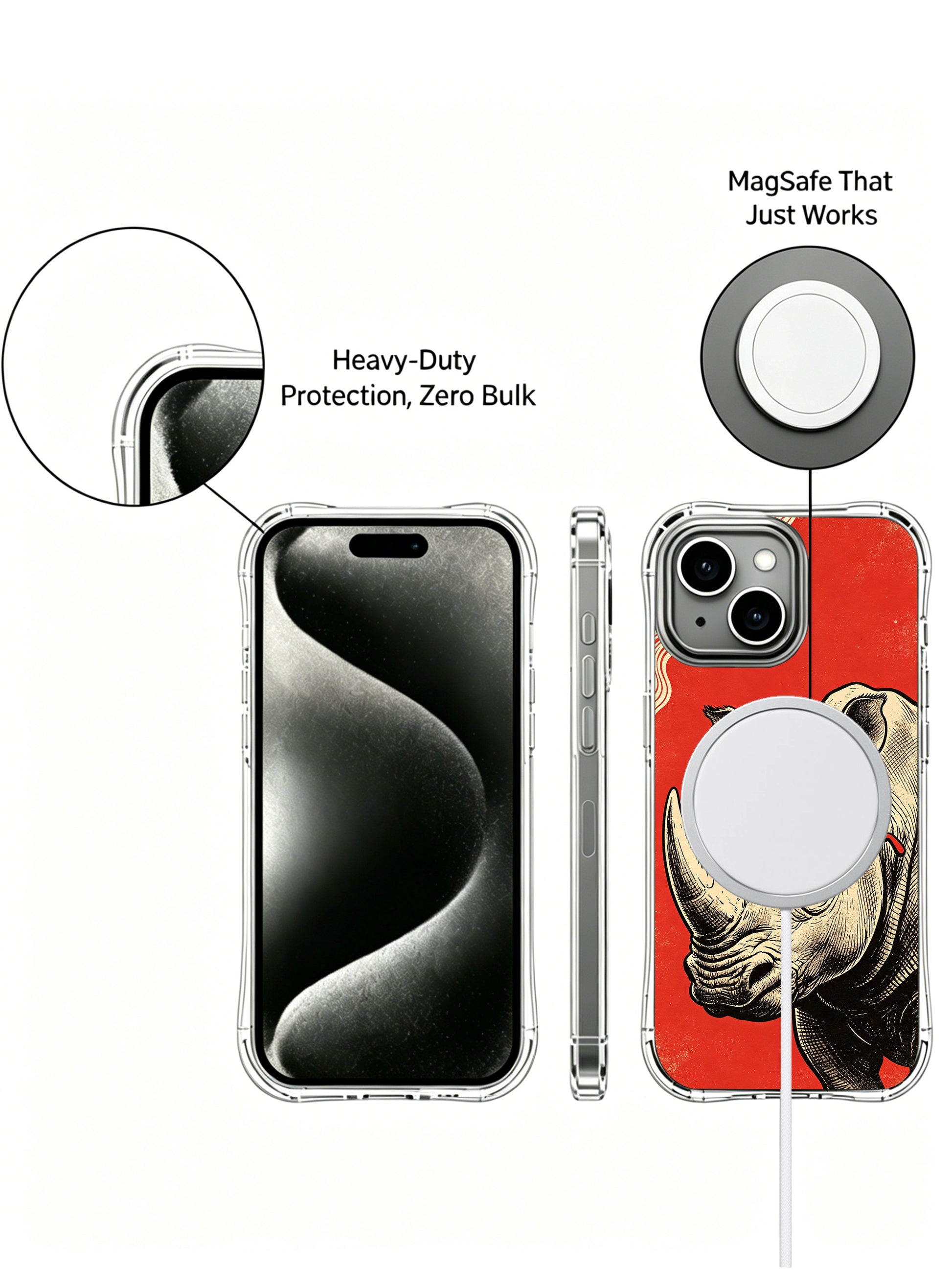 Retro surreal quirky rhino fine art with red round glasses on PhoneCasing iPhone 13 Case, limited artist collab casing picked as thoughtful anniversary luxury art present.
