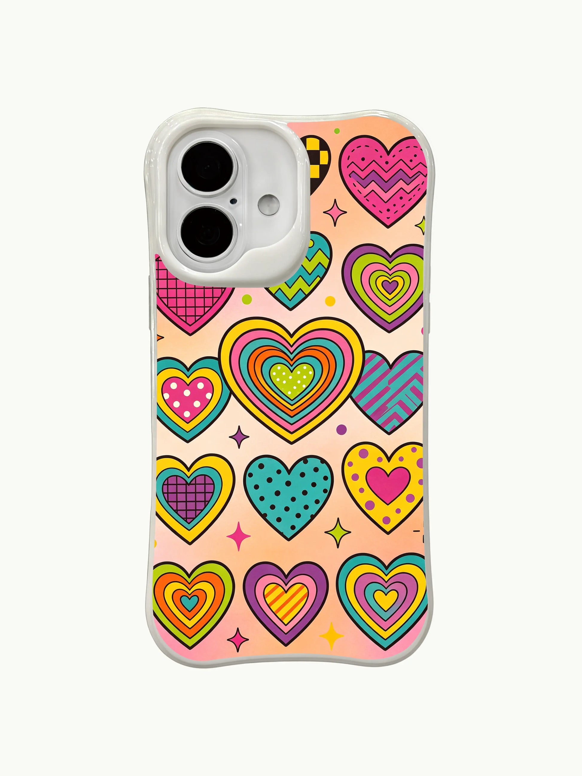 PhoneCasing retro textured hearts iPhone 16 plus case, elegant yet playful design with mixed patterns and soft gradient colors.