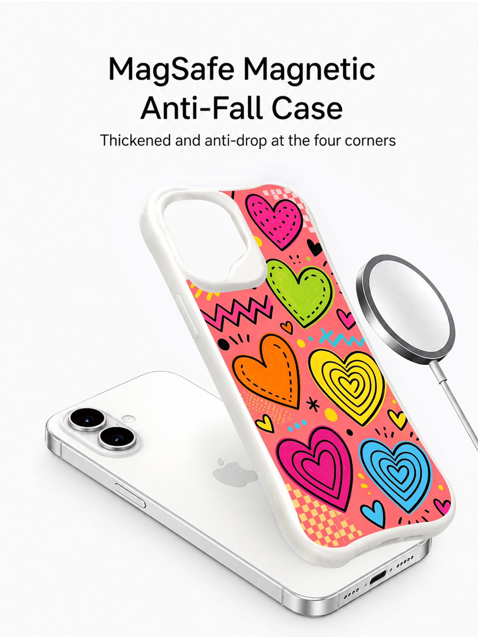 PhoneCasing Retro Tropical Hearts Case for iPhone 16 Plus, a vibrant iPhone 16 plus casing with bold heart shapes and geometric accents.