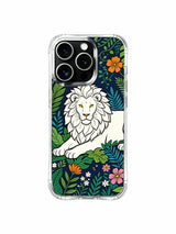 White lion in a vintage botanical composition artwork on an iPhone 13 Pro case