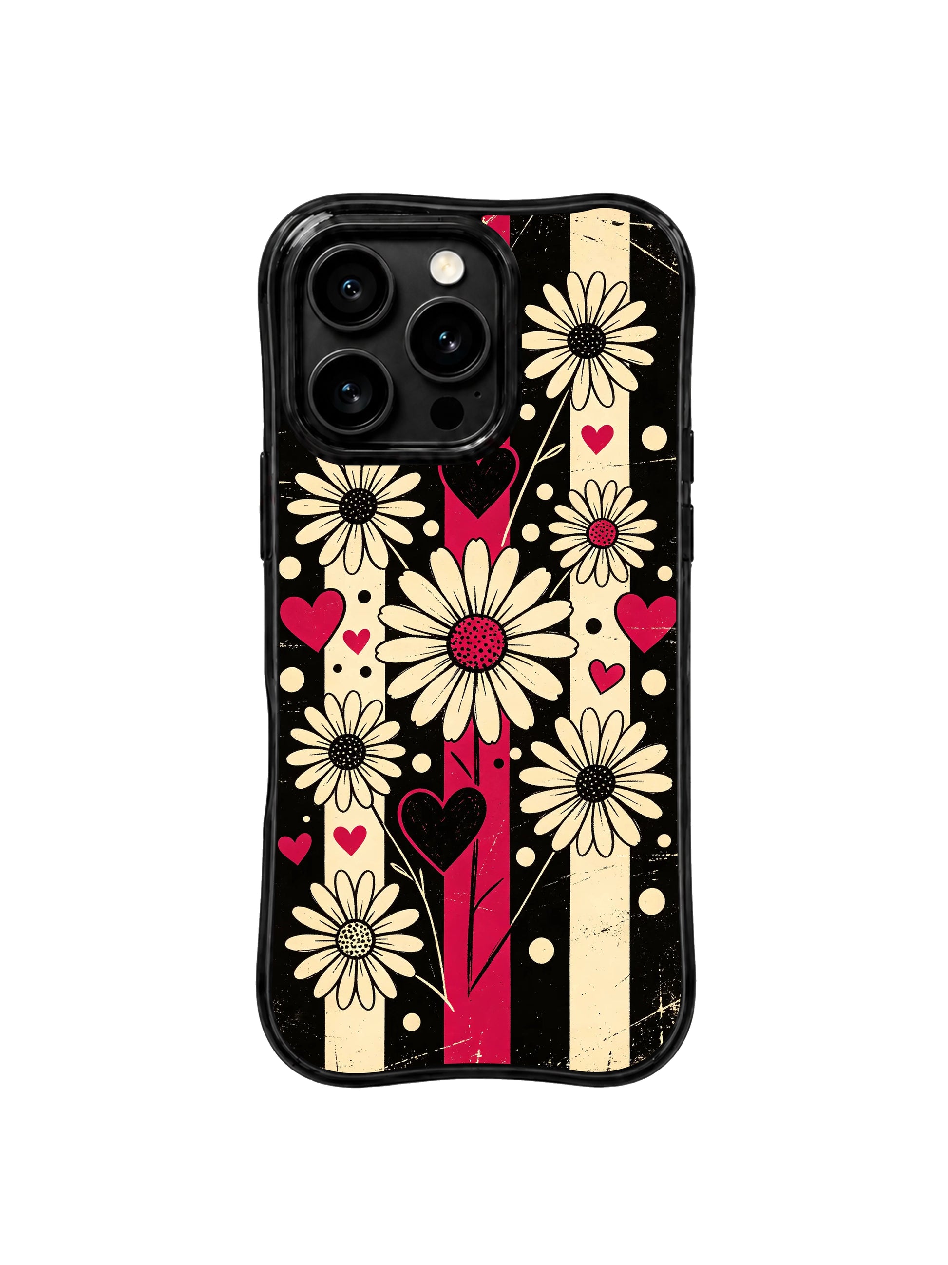 PhoneCasing iPhone 16 pro Case with musical beat rhythm cream daisy arrangement across moody cherry red black vertical stripes, Ruby Daze original retro alt rock pop art, premium print casing crafted in California.