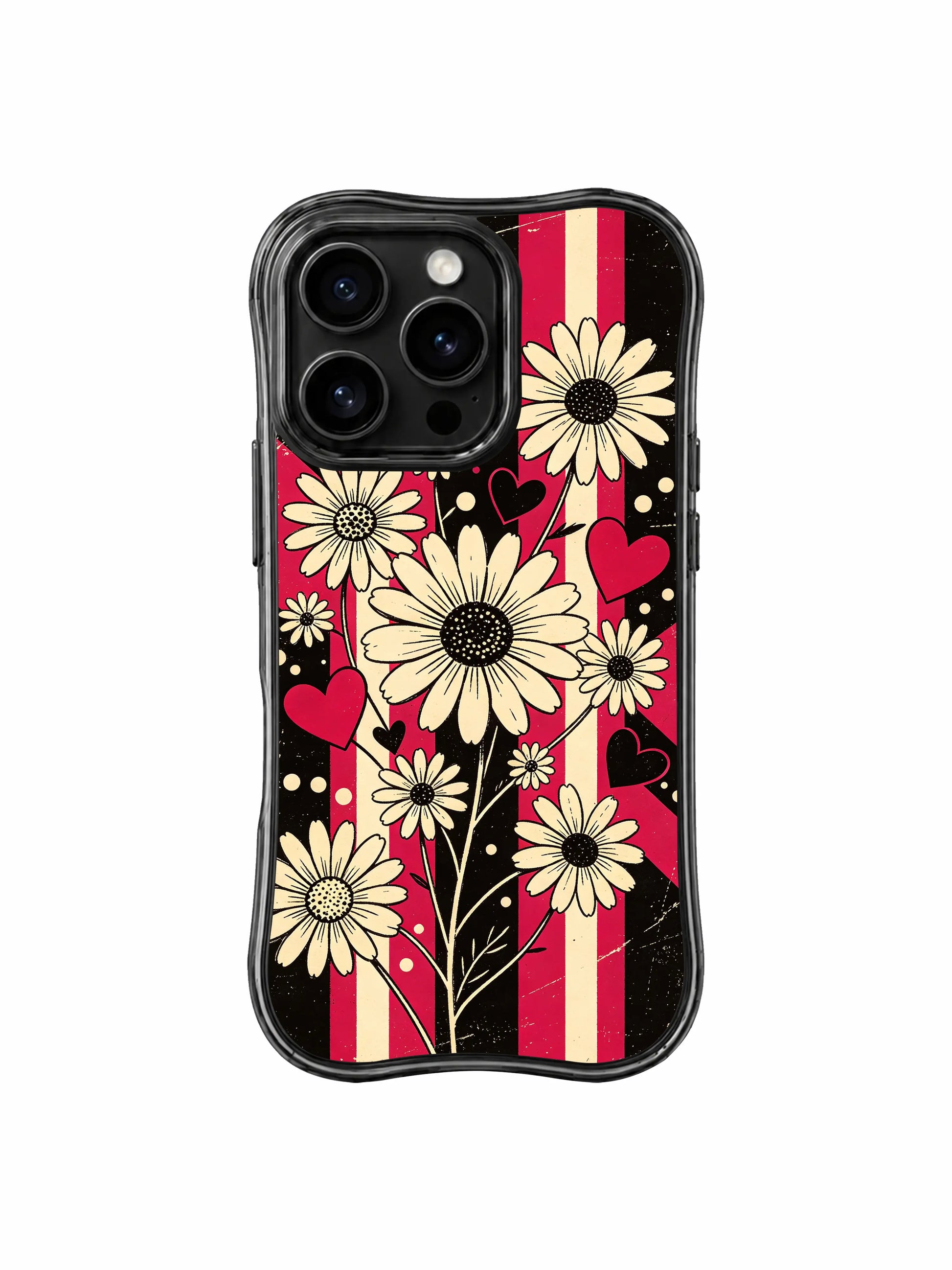 PhoneCasing iPhone 16 pro Case with musical beat rhythm cream daisy arrangement across moody cherry red black vertical stripes, Ruby Daze original retro alt rock pop art, premium print casing crafted in California.