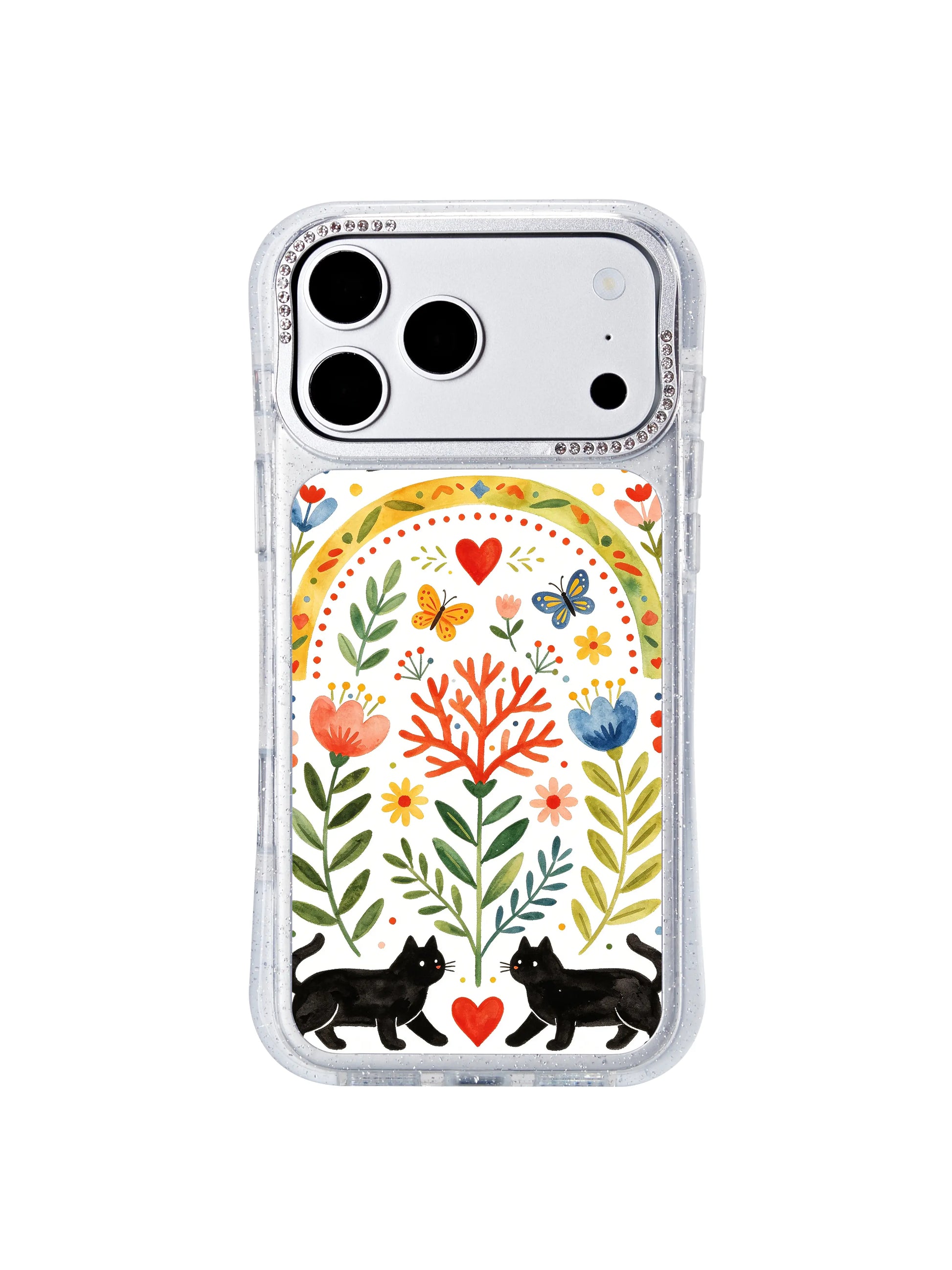 PhoneCasing heavy-duty drop shockproof iphone 17 pro Max casing with rhythmic dotted rainbow arches, lush botanicals and flying birds, durable glitter hourglass frame for daily outdoor use.