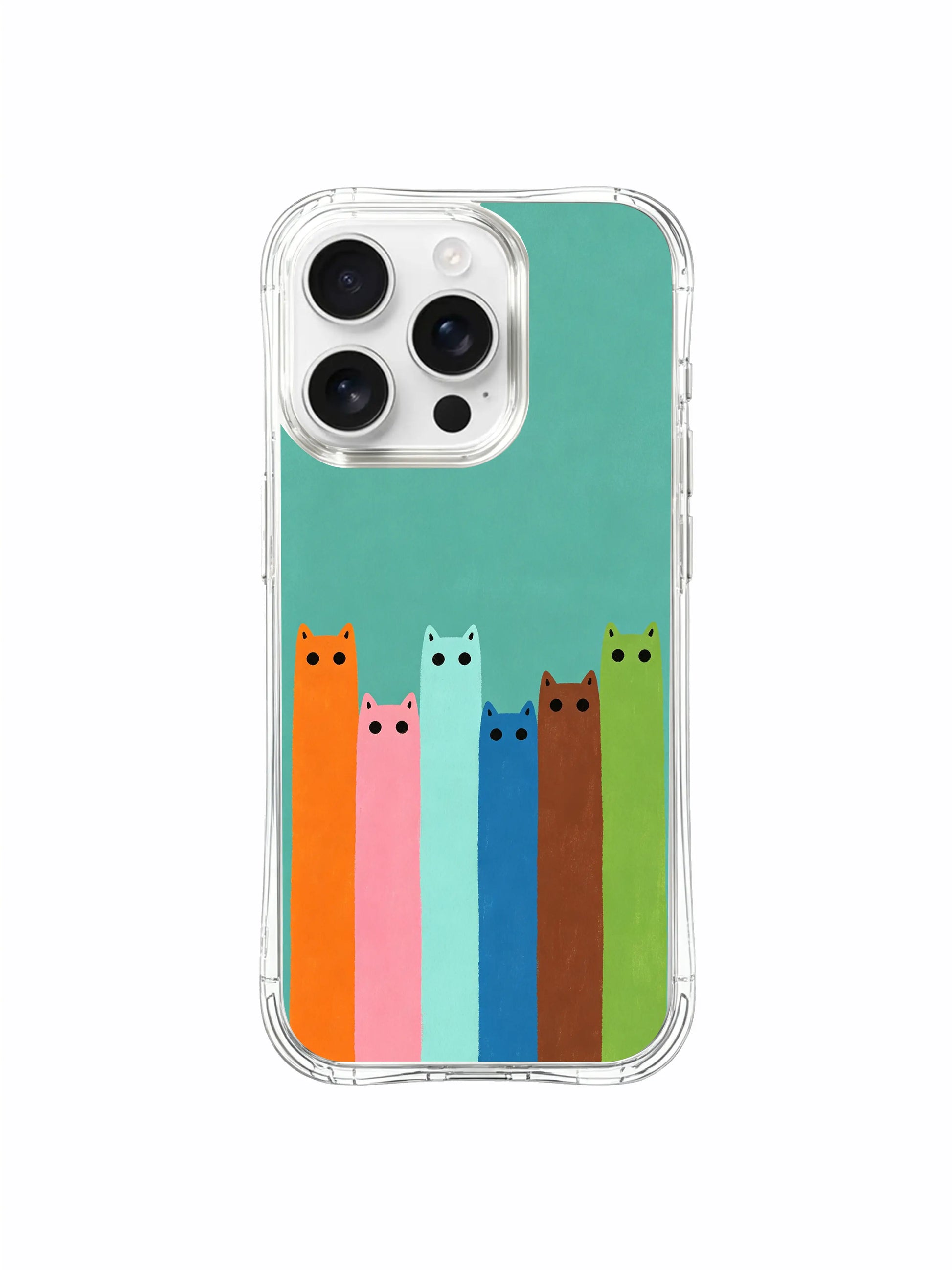 PhoneCasing iPhone 16 Pro Max showcasing Rhythmic Feline Gathering, colorful cats arranged in a line that feels like a quiet, rising elevator ride.