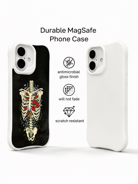 PhoneCasing dark romantic ribcage greenhouse skeleton iPhone 16 Case, vintage ink drawn mixed wildflower goth design, fade resistant anti-drop protective iPhone 16 cover