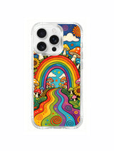PhoneCasing iPhone 16 pro max Case, protective clear art casing with curly psychedelic spiral cloud detail at right upper corner, warm toned sunflower clusters wrap assorted colorful woodland mushrooms near rainbow entrance, artist exclusive anti-drop iPhone 16 pro max casing.