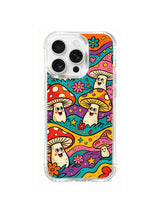 PhoneCasing iPhone 16 pro max Case, protective clear art casing with curly spiral confetti ornament at upper right, warm yellow daisy clusters wrap mixed-color clown mushroom troop near parade edge, artist exclusive anti-drop iPhone 16 pro max casing.