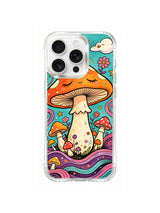 Pink and yellow flower vines beside a tall mushroom artwork on an iPhone 16 Pro Max case
