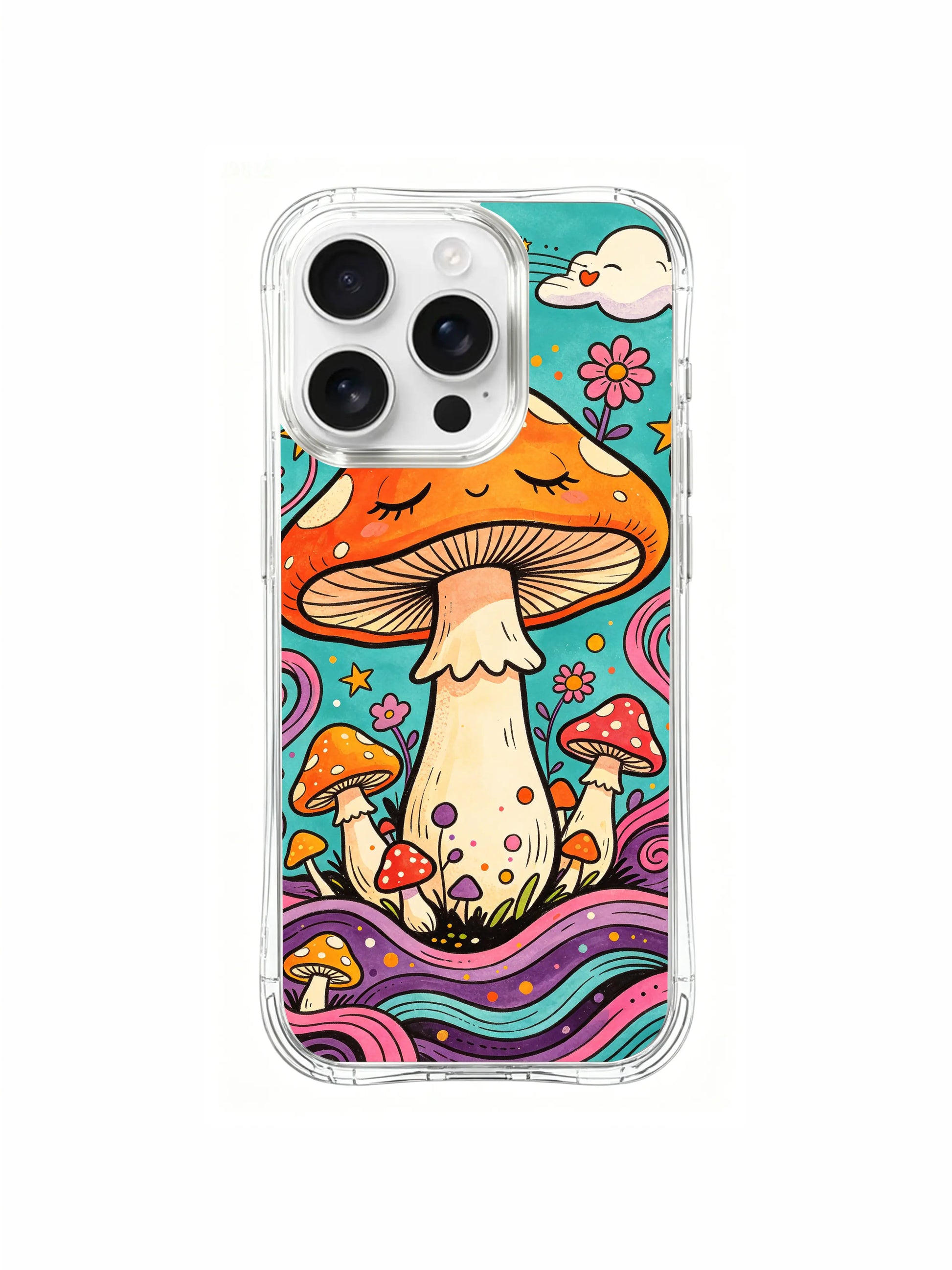 PhoneCasing iPhone 16 pro max Case, premium protective fine art casing centered on blooming floral vines wrapping beside sleepy spotted orange fungi on right artwork edge, artist exclusive illustrated protective casing