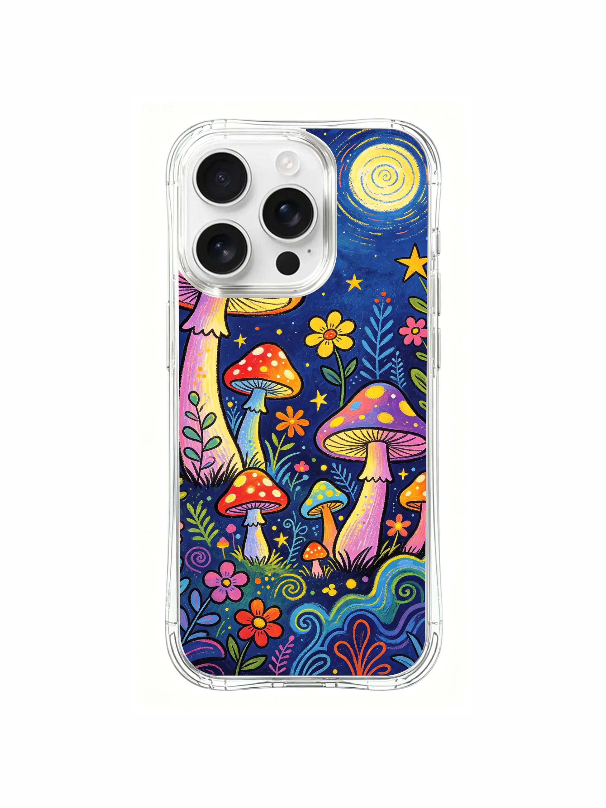 PhoneCasing iPhone 16 pro max Case, premium protective fine art casing centered on blooming multicolor flower vines wrapping beside glowing polka-dot toadstools on right artwork margin, artist exclusive illustrated protective casing