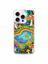Pink and yellow wildflowers beside a tall mushroom artwork on an iPhone 16 Pro Max case