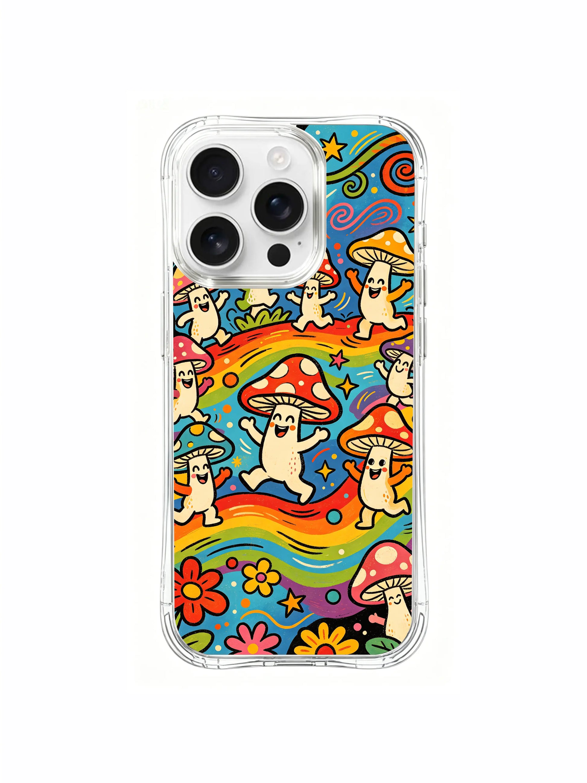 PhoneCasing iPhone 16 pro max Case, premium protective fine art casing centered on blooming flower vines wrapping beside dancing spotted toadstools on right artwork edge, artist exclusive illustrated protective casing