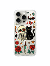 Skeleton and black cat with broken heart and roses artwork on an iPhone 15 Pro case