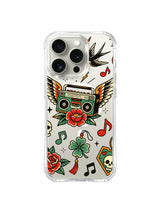 Winged radio with swallow, roses, flame and hearts artwork on an iPhone 15 Pro case