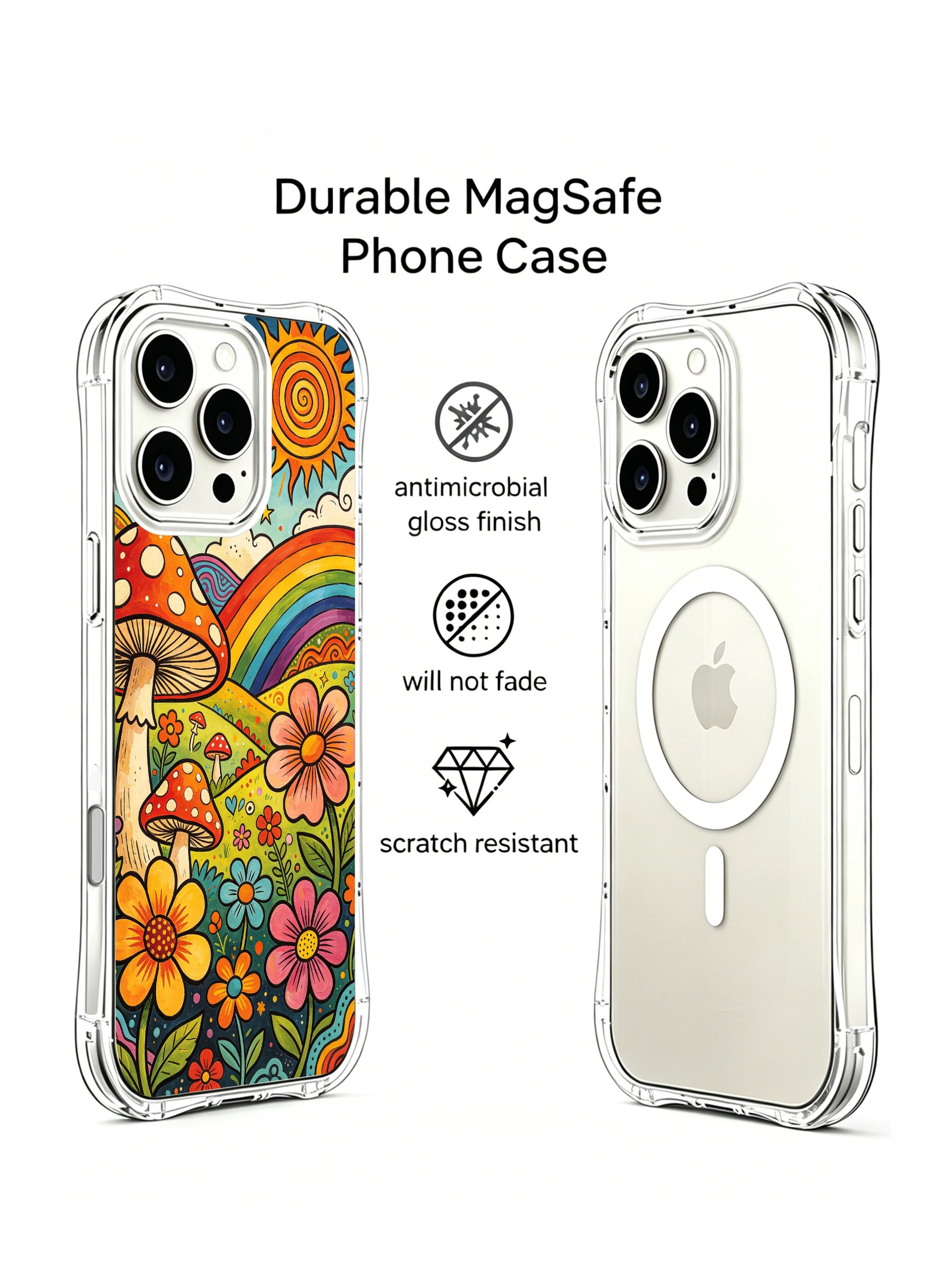 PhoneCasing iPhone 16 pro max Case, scratch-resistant fade-proof fine art casing with oversized warm-toned daisy grouping on right side paired with tall gradient spotted mushrooms, fluffy cloud beside spiral sun in upper sky, limited-edition premium wearable casing from PhoneCasing’s California factory