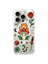 PhoneCasing iPhone 15 pro Case right-placed serpent, two different styled dice, minimal skull detail and single rose, trendy fashion art iPhone 15 pro casing for female shoppers.