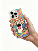PhoneCasing iPhone 16 pro max Case, whimsical gallery-grade casing with soft star-dotted night cloud on right side holding tiny pastel sleepy mushrooms, main yawn amanita anchored center artwork, original licensed artwork locally manufactured in California.
