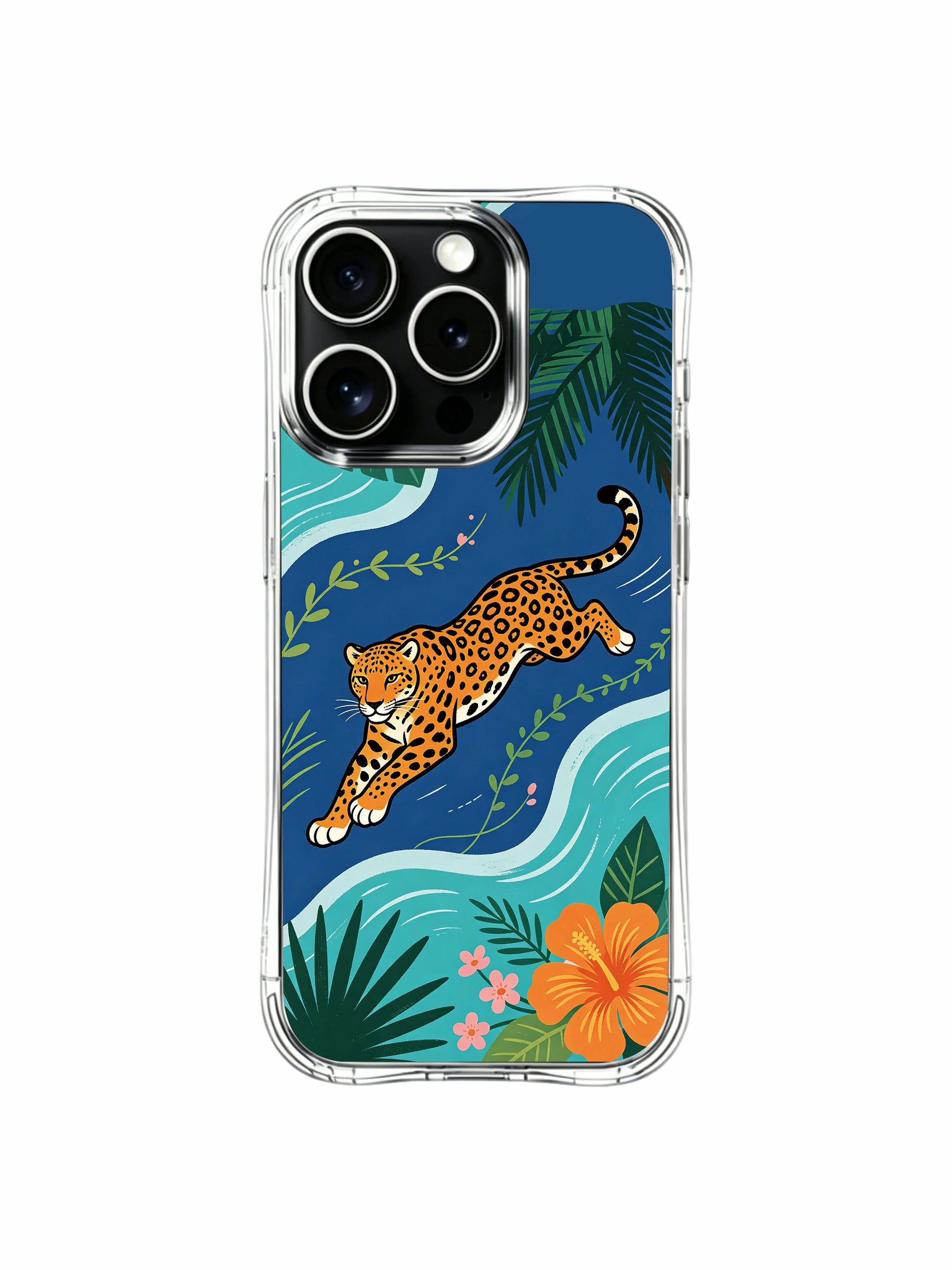 Wind-chasing jaguar gliding above ripple-style foliage on dark navy coastal backdrop iPhone 13 pro Case from PhoneCasing, scattered tiny pink blossom detail phone cover, USA-made high-end art phone casing