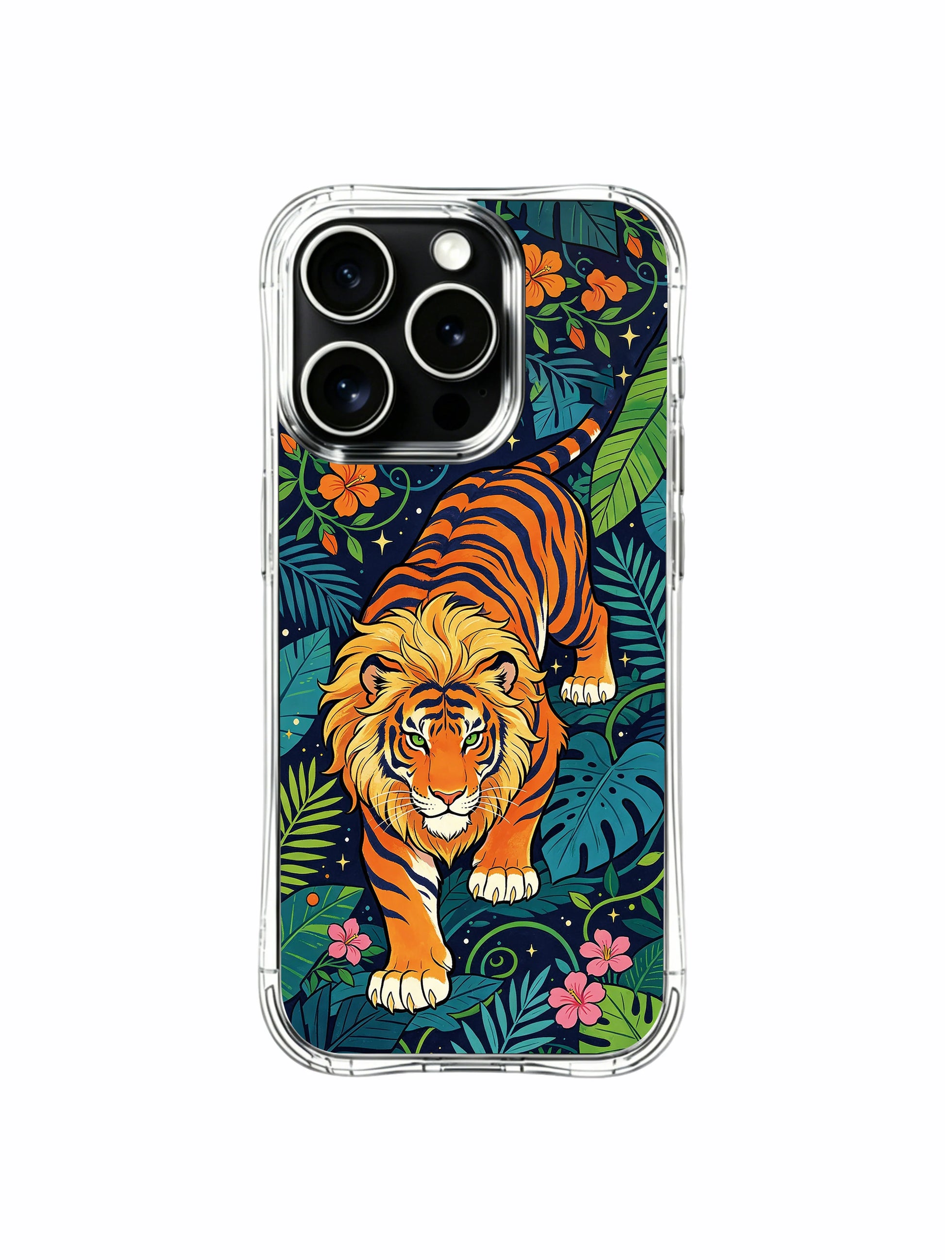 Spirited roaring wildcat PhoneCasing iPhone 13 pro Case, lightweight clear phone casing with hand-drawn fiery orange tiger artwork peeking from layered tropical fern and hibiscus arrangement, stylish nature lover’s phone cover.
