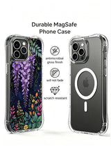PhoneCasing iPhone 16 Pro Max Case featuring Elias Nocturne's "Wisteria Night Dream" art, a dreamy floral print with hanging purple blooms.