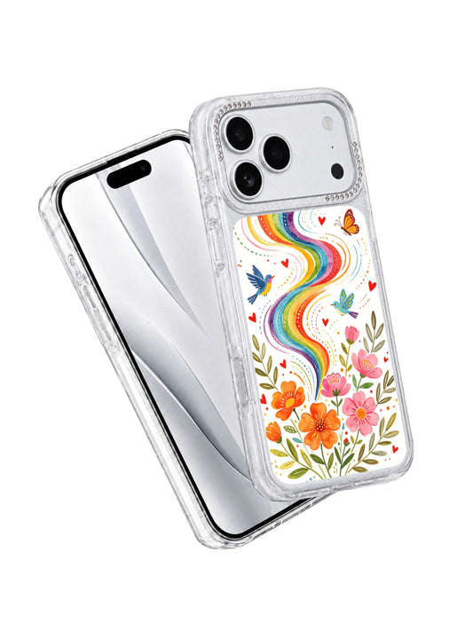 PhoneCasing romantic milestone gift iphone 17 pro Max casing, scattered heart details along rainbow wind spirals, soft flying bird motifs for animal-loving couples.