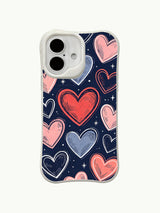 Navy Whimsy heart pattern on an iPhone 16 Plus case