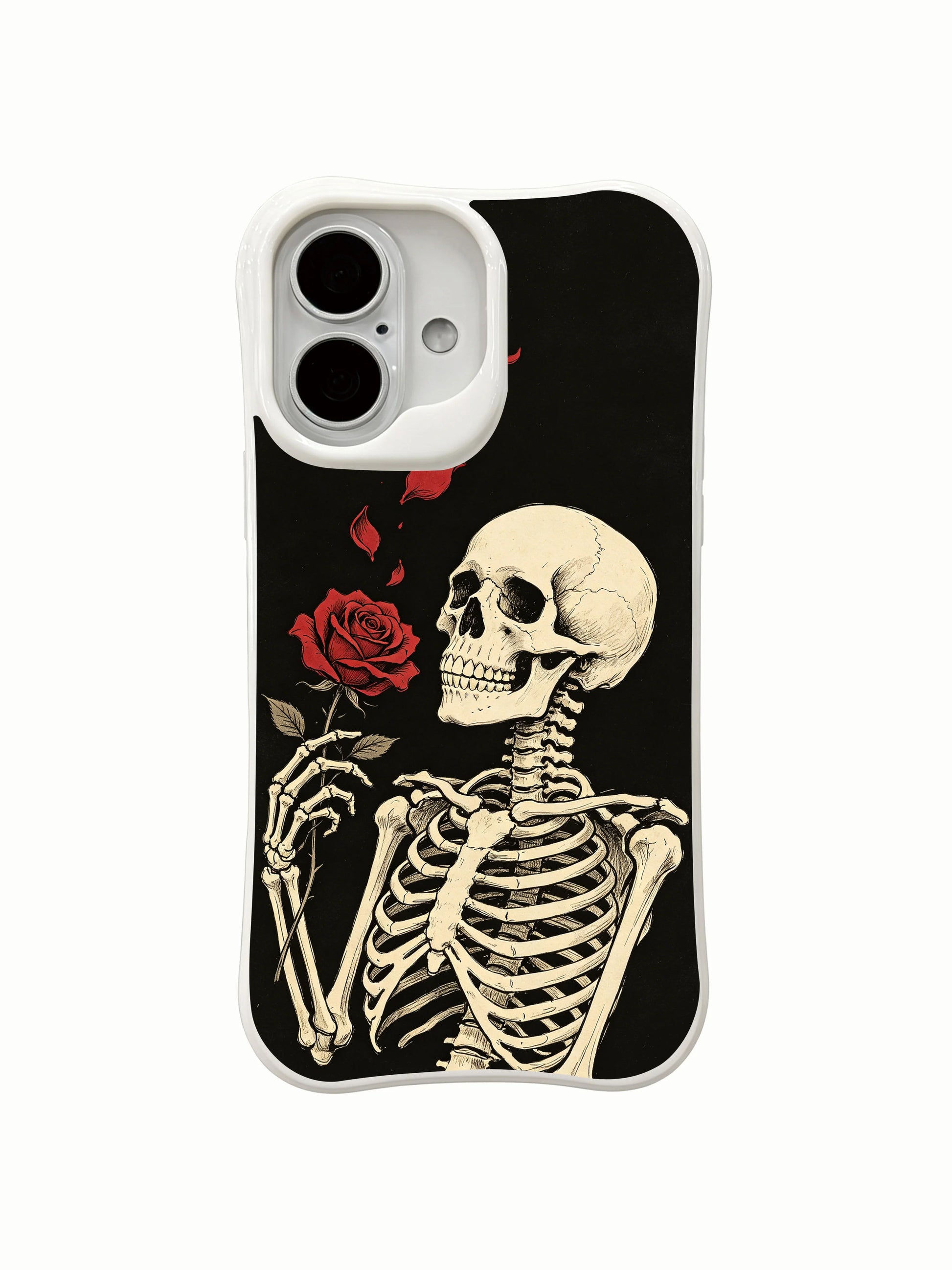 PhoneCasing Rose Epistle spiritual goth iPhone 16 Case, hand-drawn bone figure clutching crimson rose with drifting flower petals against black background, antimicrobial smooth finish durable iPhone 16 casing
