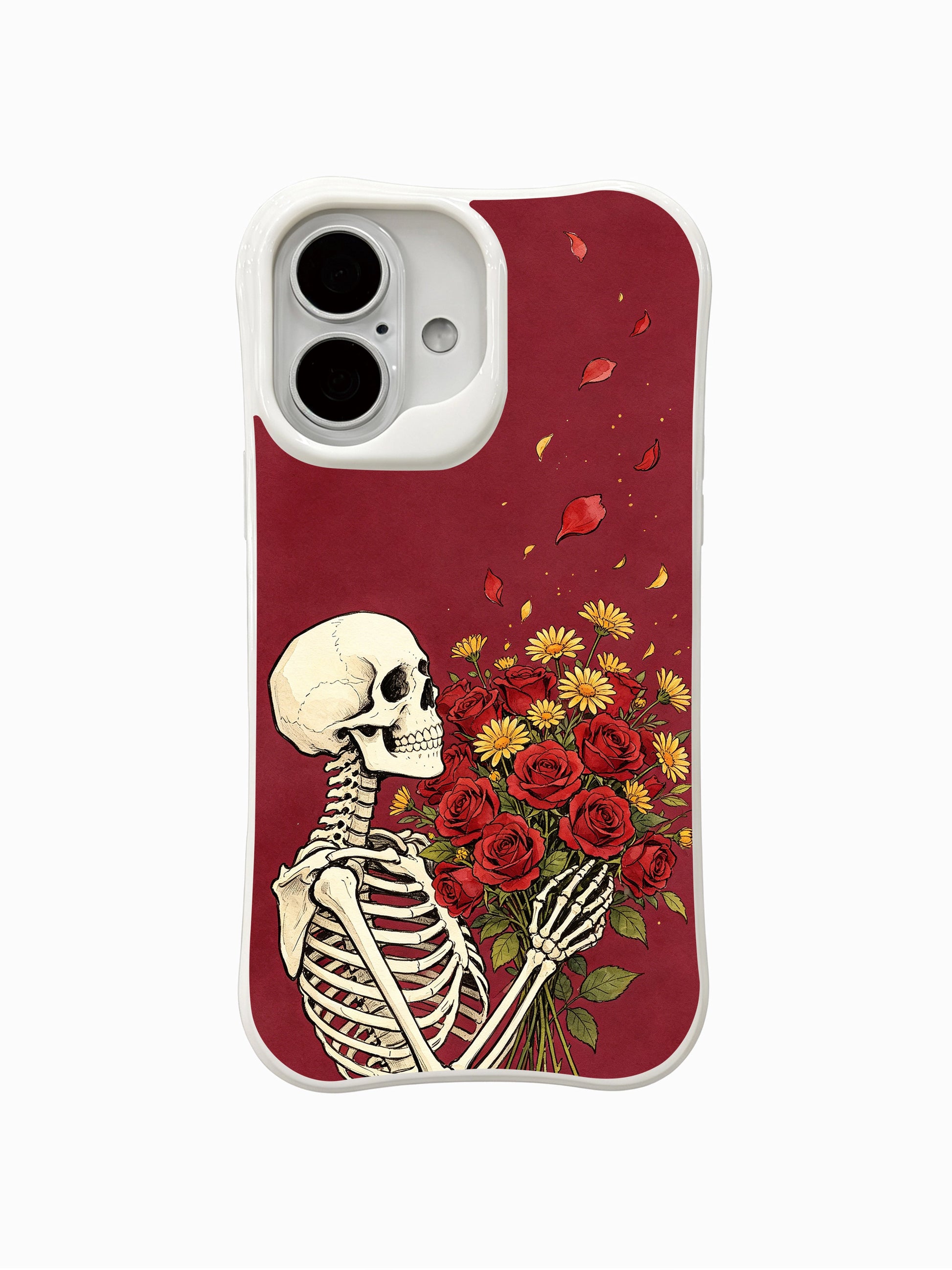 PhoneCasing Rose For The Wind fine art iPhone 16 Case, vintage old-school tattoo goth artwork designed by Morrigan Vale featuring skeleton holding red rose bouquet with drifting falling petals