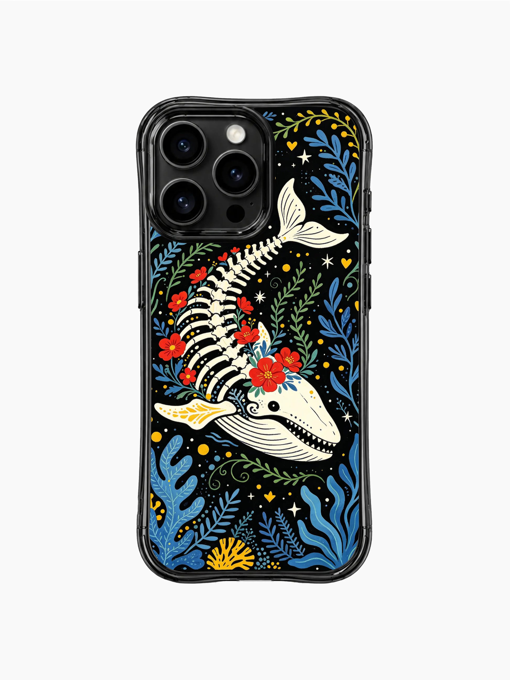 PhoneCasing iPhone 16 pro max clear case showcasing a whale skeleton with roses and coral details. Enchanted underwater folk art design.