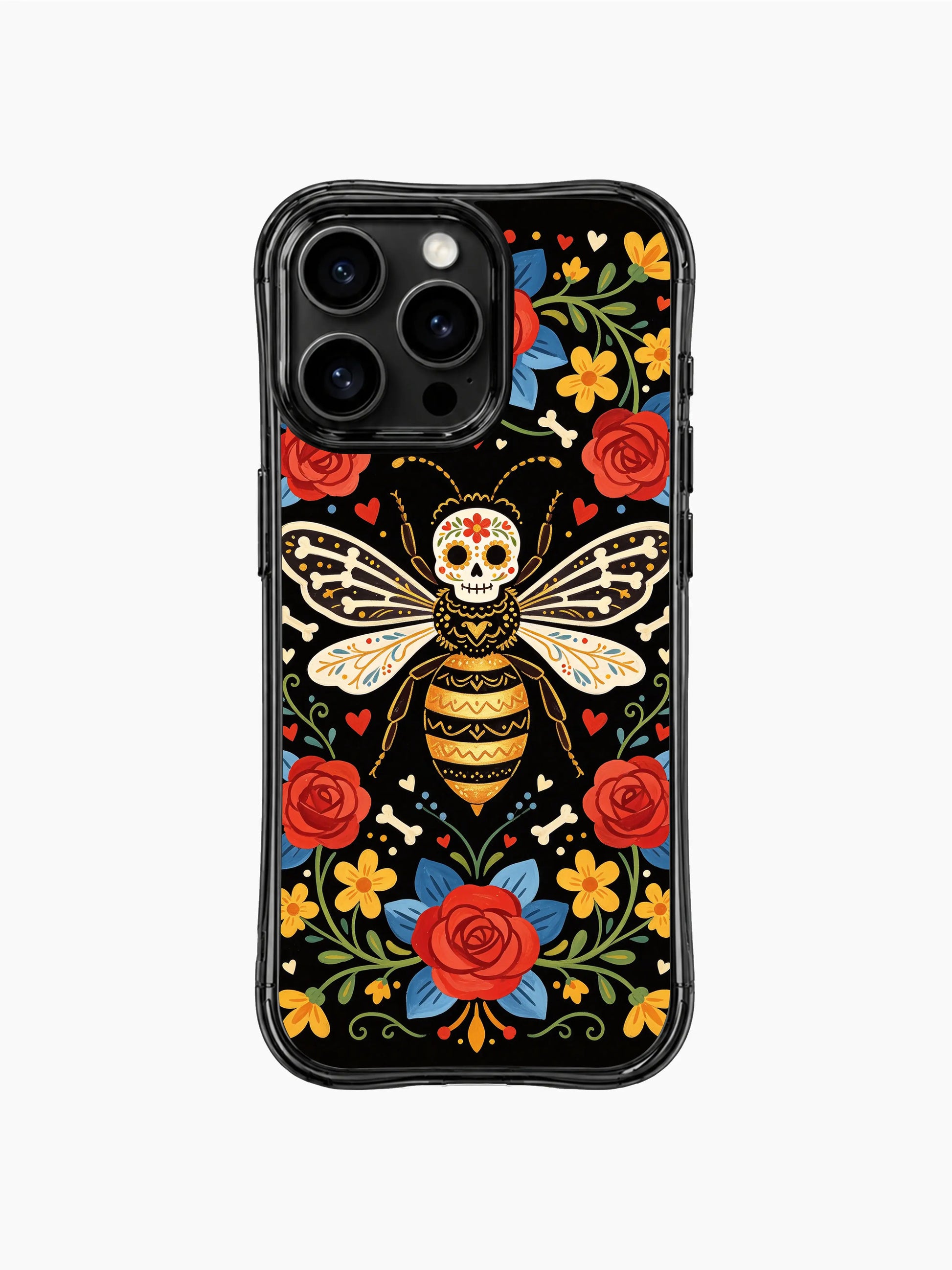PhoneCasing iPhone 16 pro max clear case showcasing a bee queen with roses and sugar skull details. Enchanted garden folk art design.