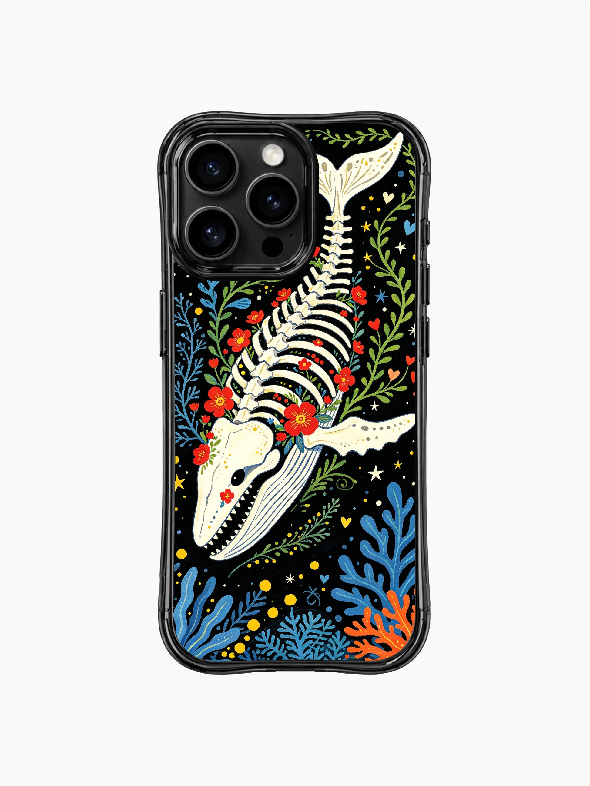 PhoneCasing iPhone 16 pro max clear case showcasing a whale skeleton with roses and ocean plants. Enchanted folk art print.