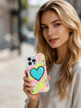 PhoneCasing iPhone 16 pro Case with authentic uneven rough marker hand sketch outlines and faint scratch notebook distressing, exclusive Ruby Daze Pastel Daisy Heart Sketch floral artwork, scratch resistant phone protection.