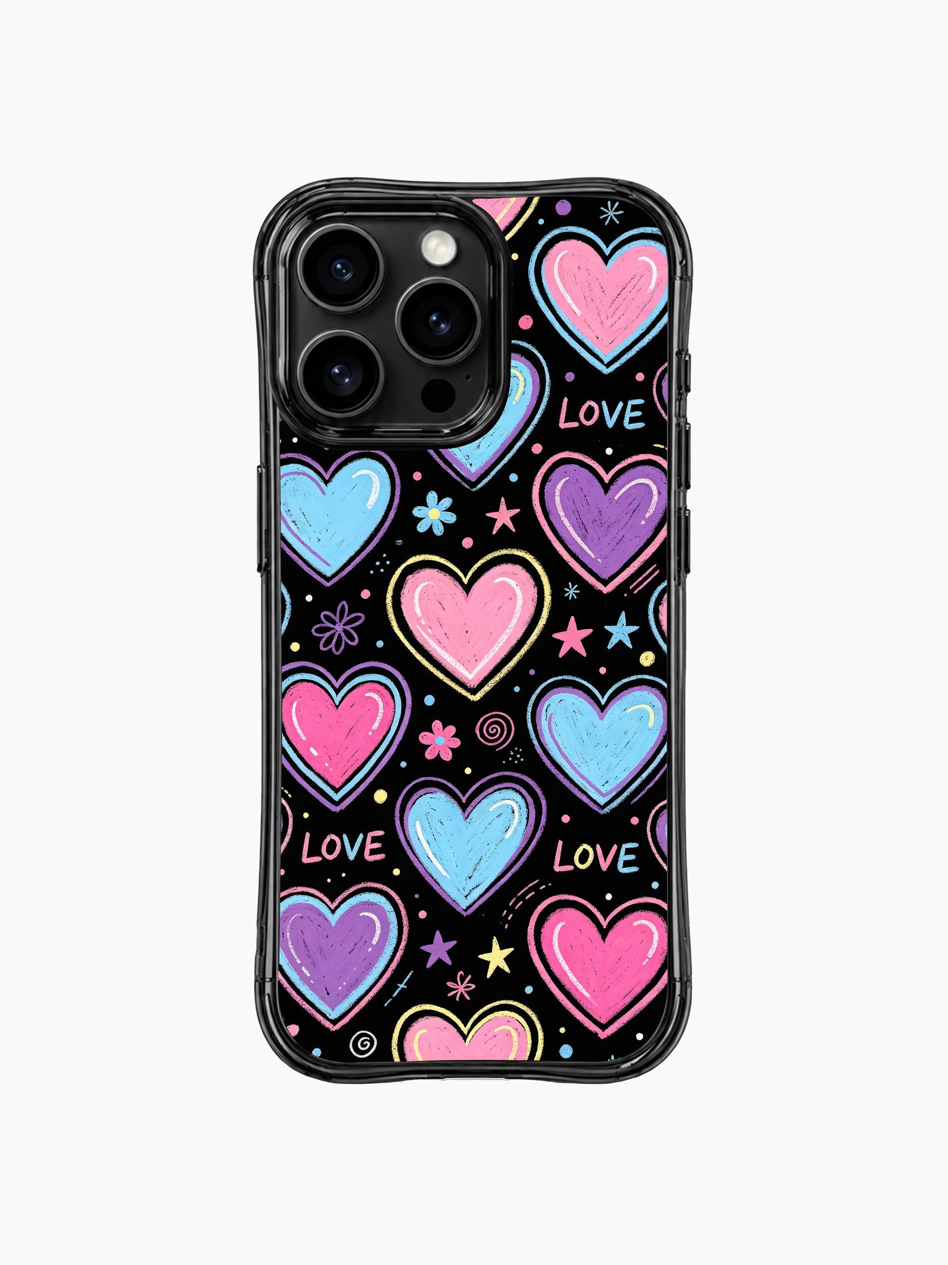 PhoneCasing iPhone 13 Pro Max case rounded soft chalk bubblegum heart sketches, multi pastel outline girly street doodle phone cover.