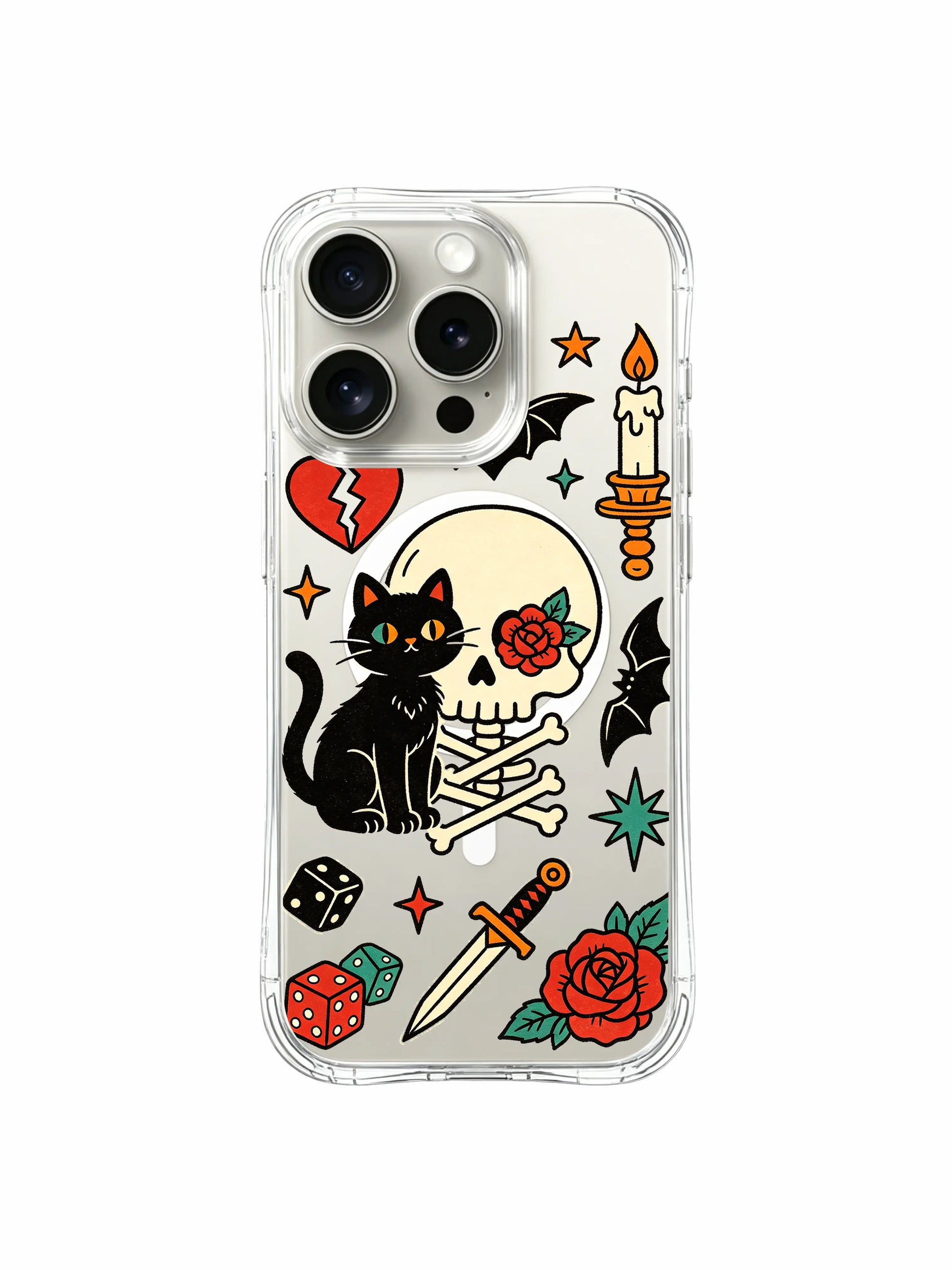 PhoneCasing iPhone 15 pro Case rounded classic pillar candle shape, single upper bat, dice-free minimal layout and dual side roses, slim fit anti-slip iPhone 15 pro casing.